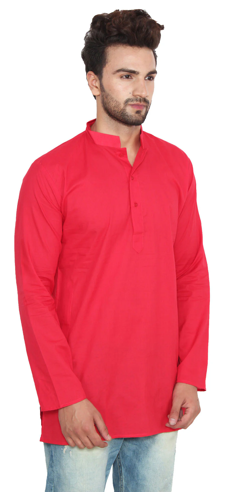Cotton Indian Dress Mens Short Kurta Shirt Fashion Clothing (Red) - Image 3
