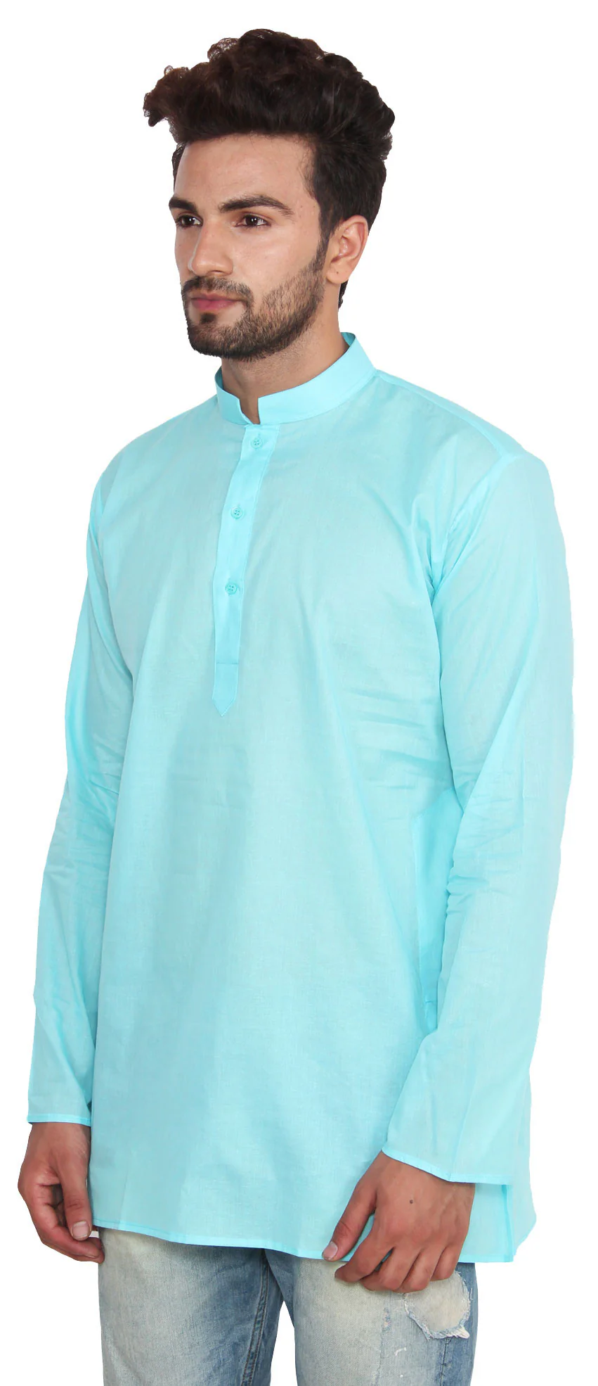 Cotton Dress Mens Short Kurta Shirt India Fashion Clothes (Turquoise) - Image 3
