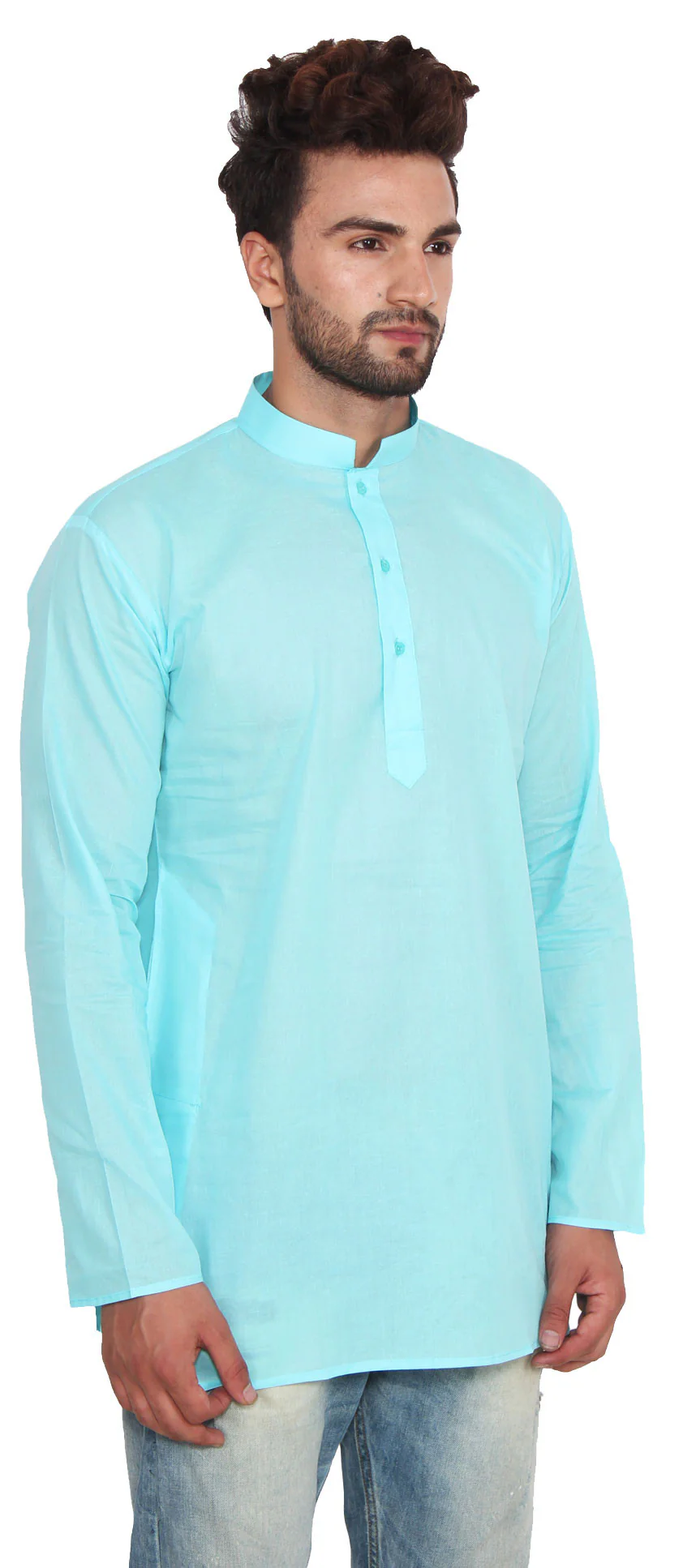 Cotton Dress Mens Short Kurta Shirt India Fashion Clothes (Turquoise) - Image 4