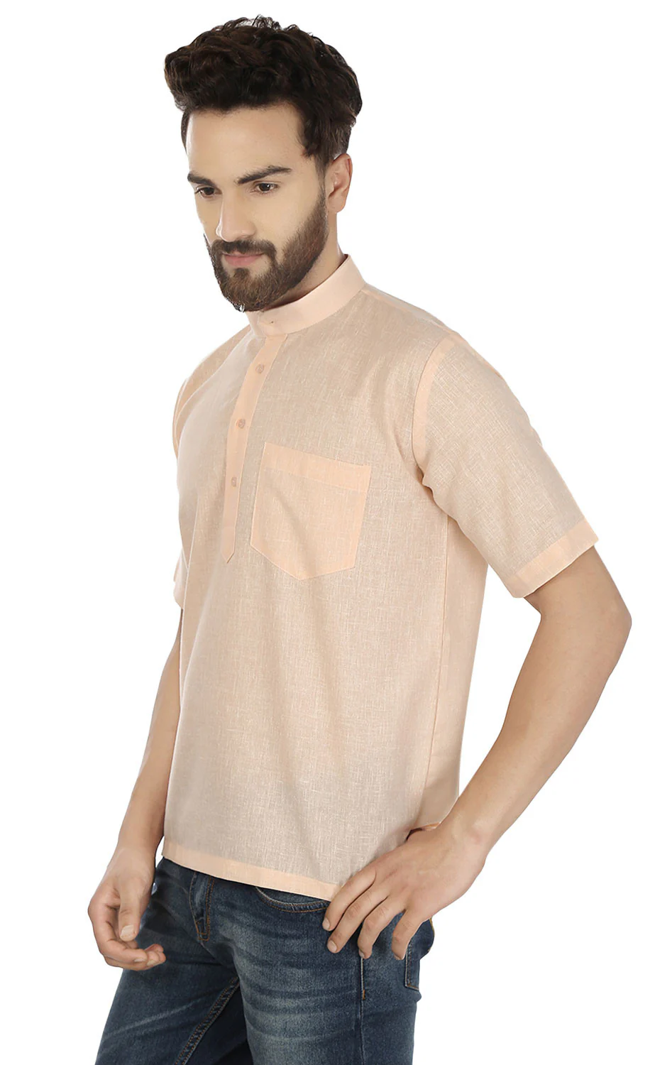 Cotton Dress Mens Short Sleeve Short Kurta Shirt India Fashion Clothes (Peach) - Image 2