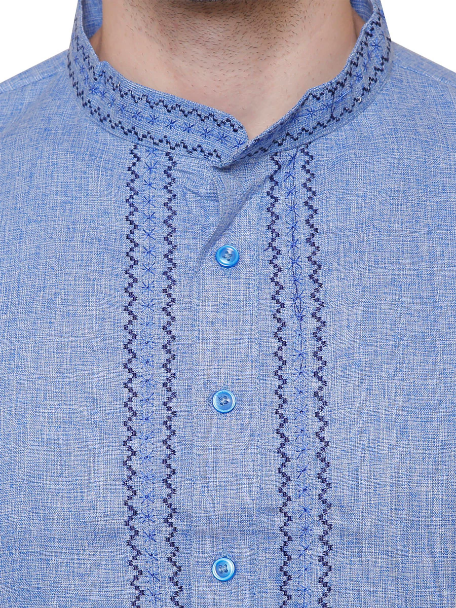 Cotton Embroidered Mens Kurta Pajama India Clothing (Blue) - Image 4