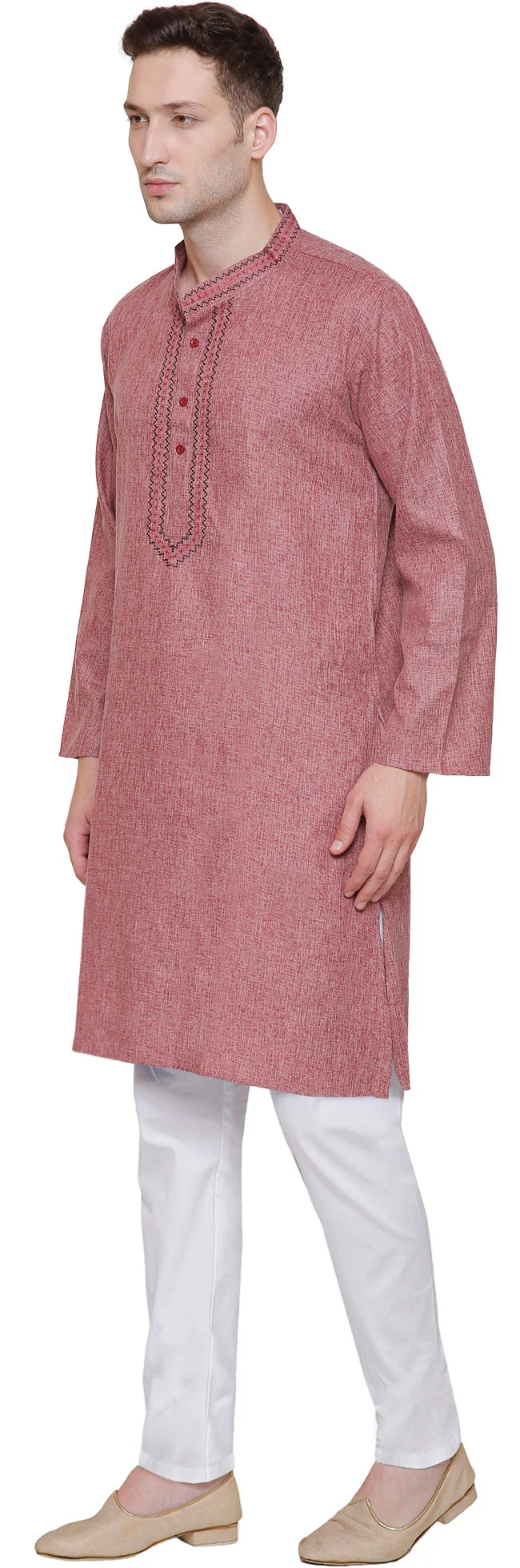 Cotton Embroidered Mens Kurta Pajama India Clothing (Maroon) - Image 2
