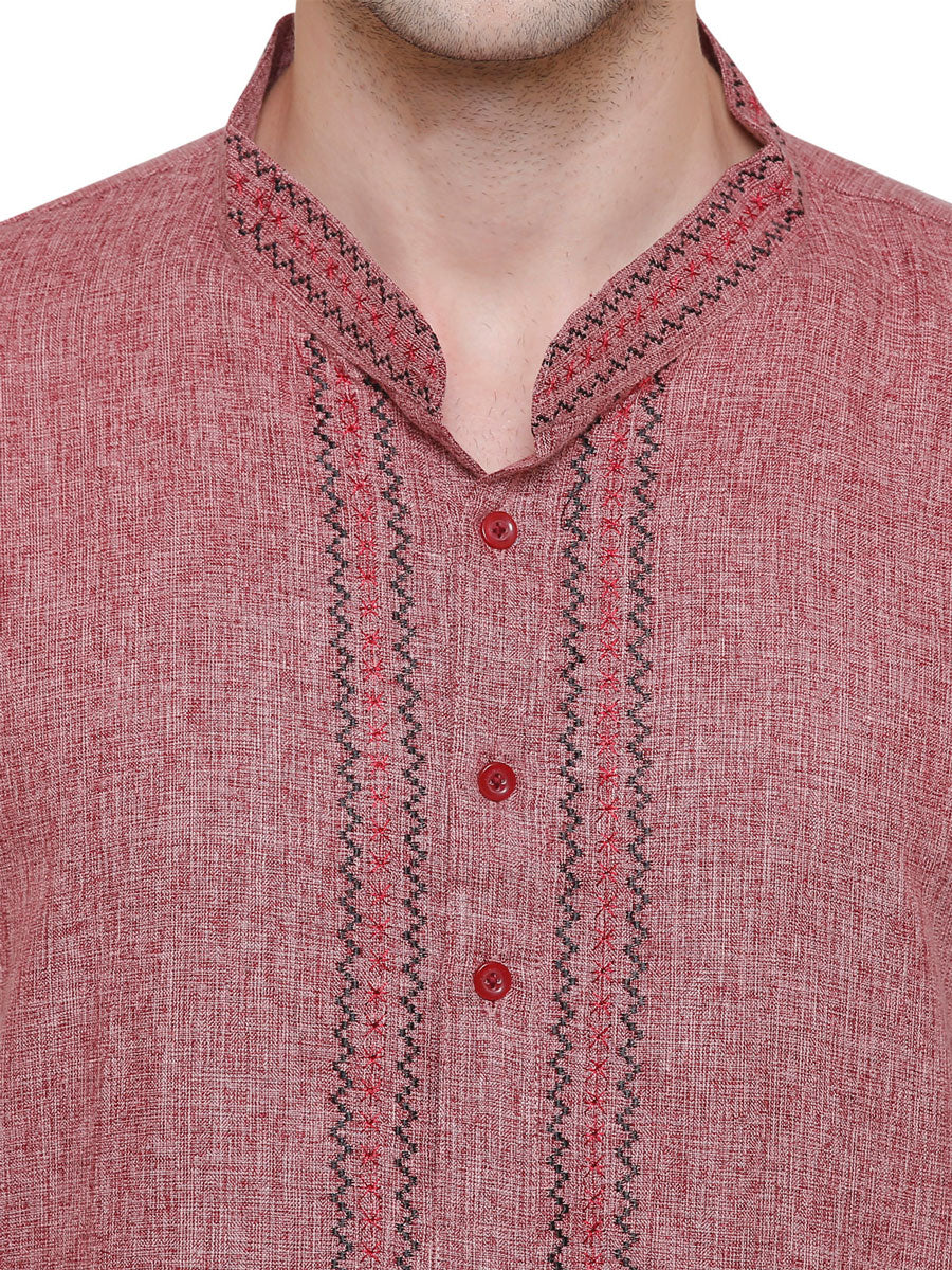 Cotton Embroidered Mens Kurta Pajama India Clothing (Maroon) - Image 4