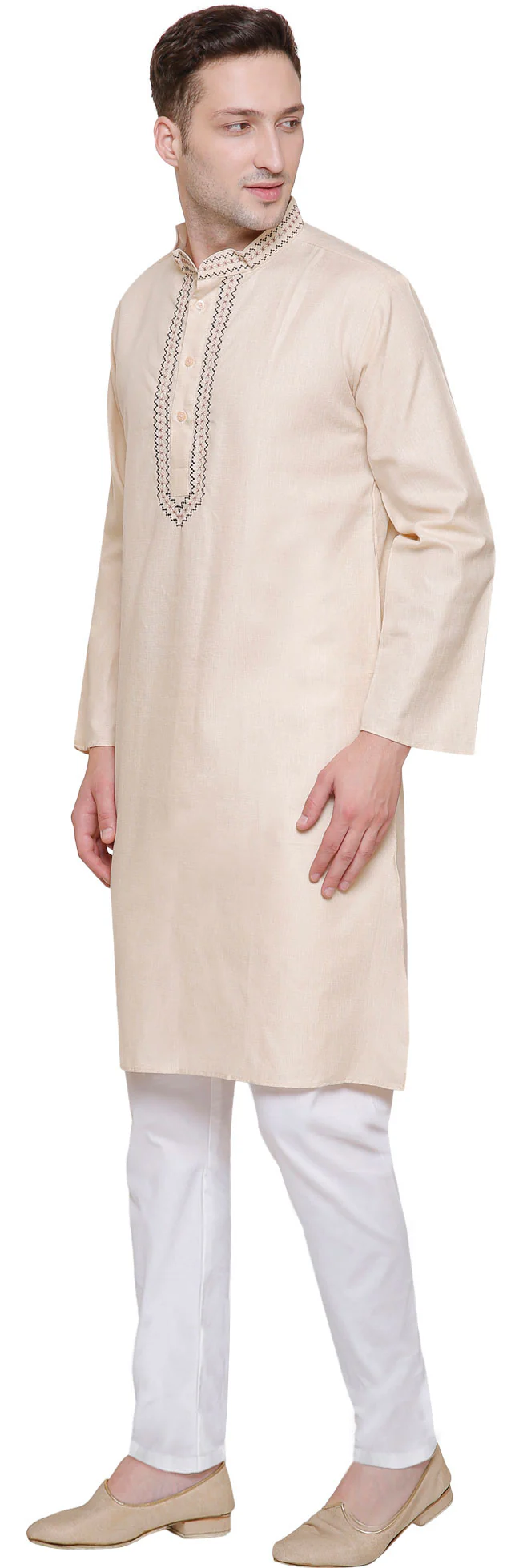 Cotton Embroidered Mens Kurta Pajama India Clothing (Beige) - Image 2
