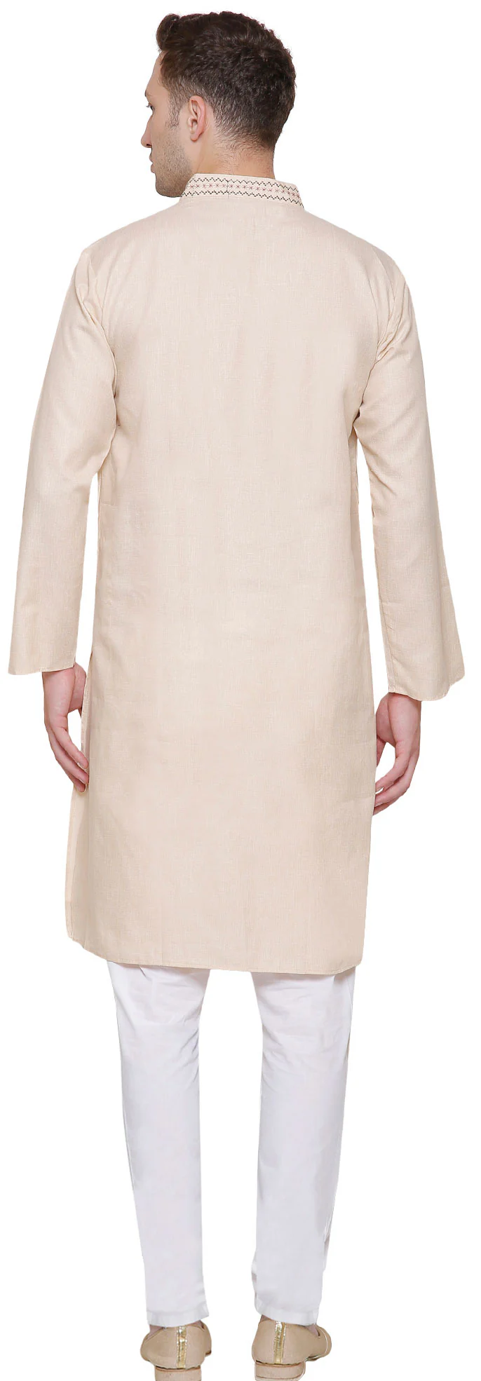 Cotton Embroidered Mens Kurta Pajama India Clothing (Beige) - Image 3
