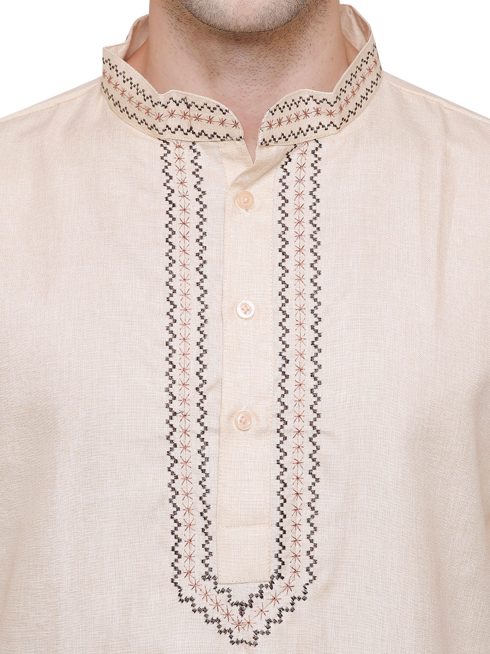 Cotton Embroidered Mens Kurta Pajama India Clothing (Beige) - Image 4