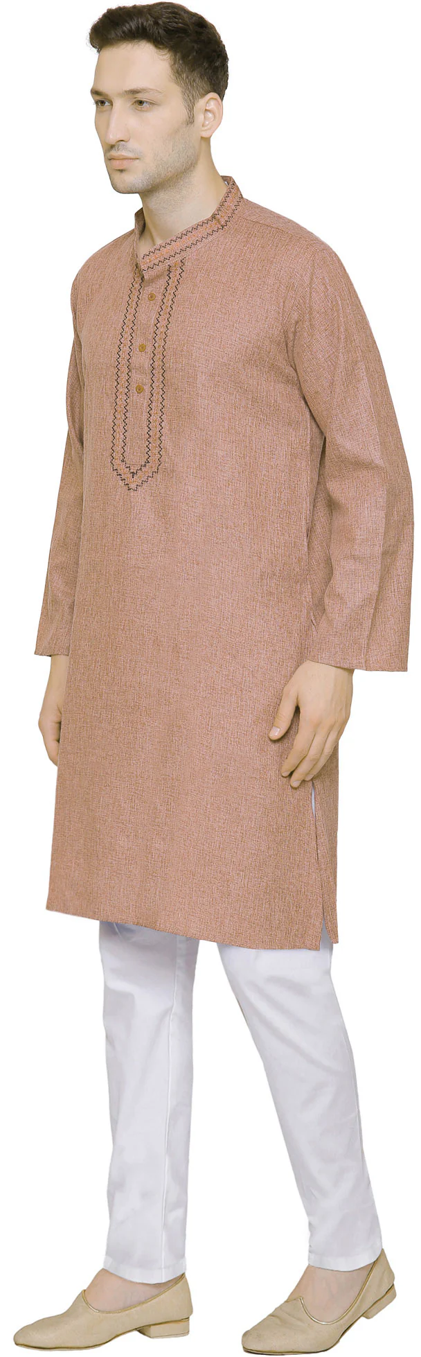 Cotton Embroidered Men's Kurta Pajama Indian Clothes (Brown) - Image 2