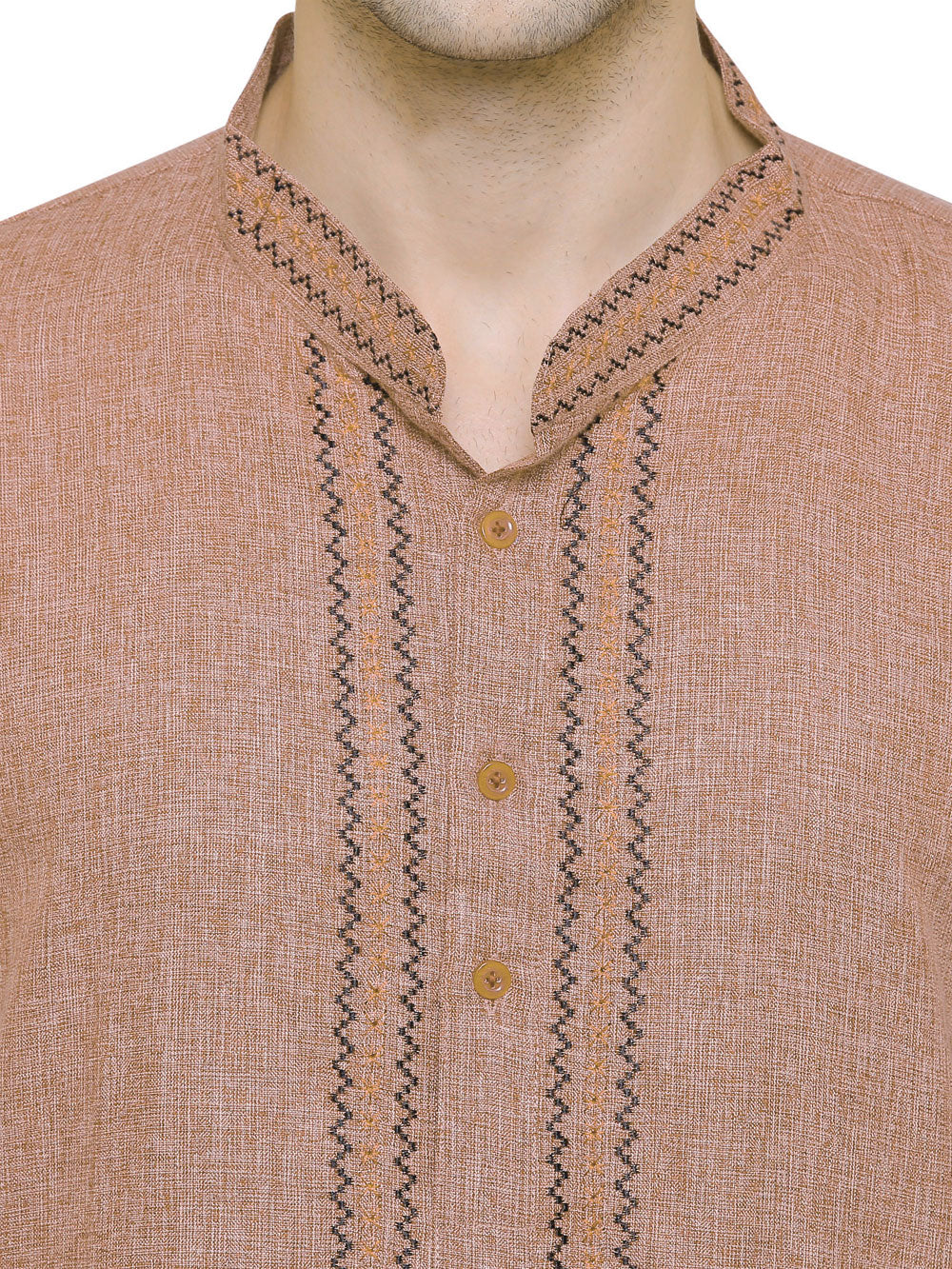 Cotton Embroidered Men's Kurta Pajama Indian Clothes (Brown) - Image 4