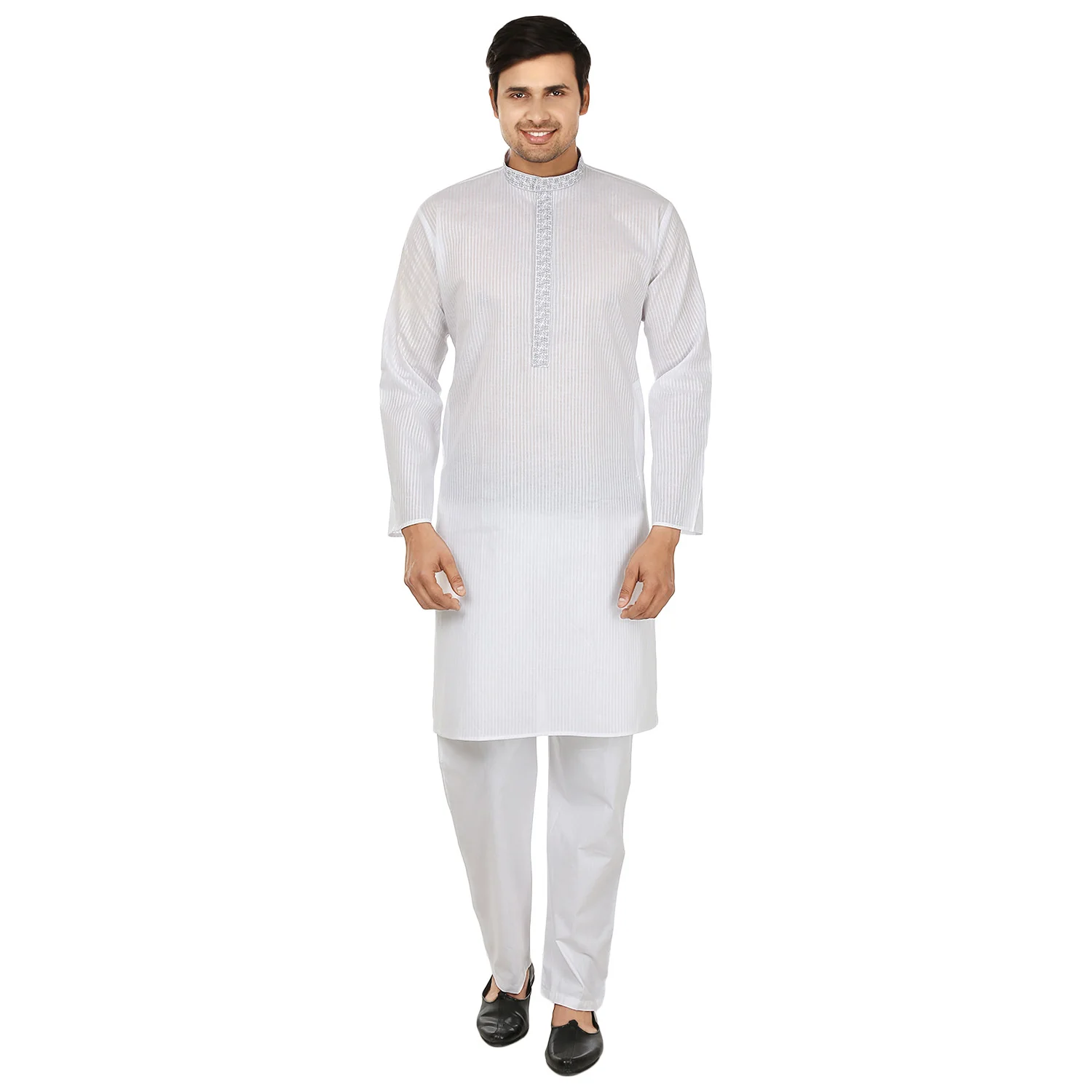 Men's Kurta Pajama Embroidered Cotton Indian Clothing (White)