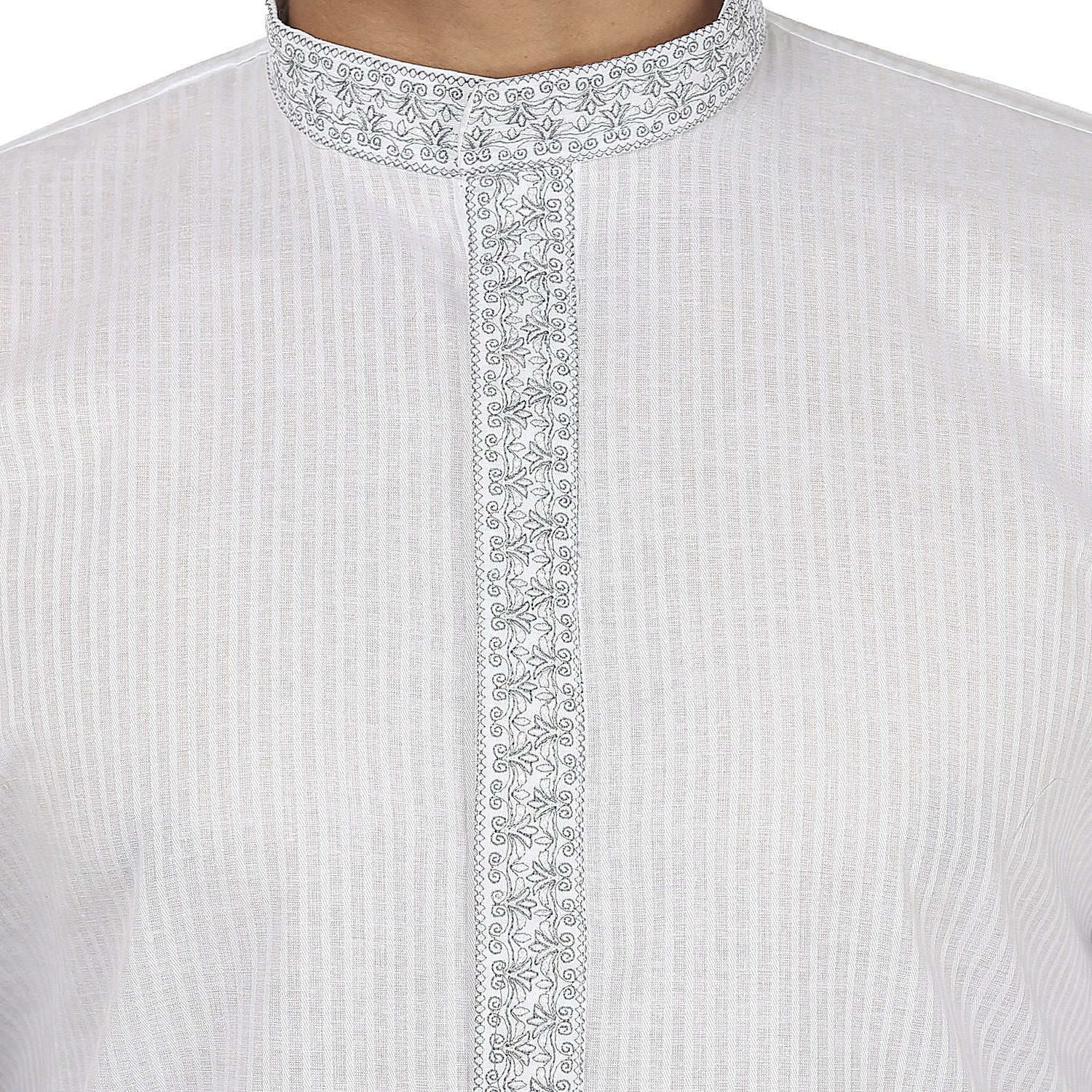Men's Kurta Pajama Embroidered Cotton Indian Clothing (White) - Image 4