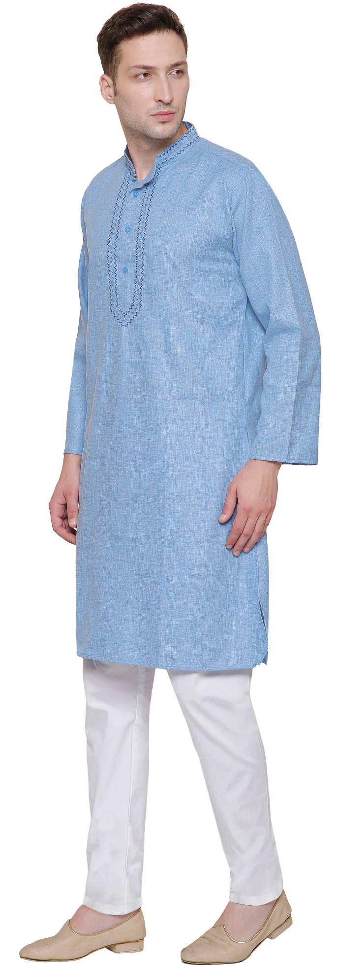 Cotton Embroidered Men's Kurta Pajama Indian Clothing (Sky Blue) - Image 2