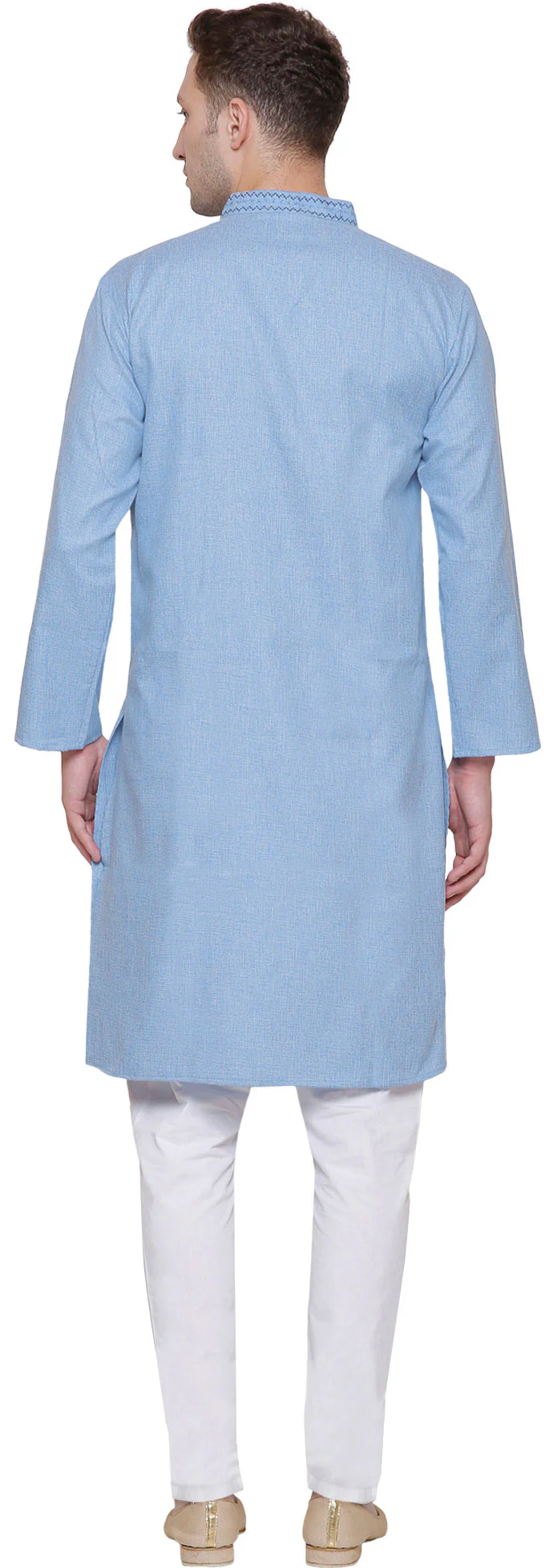Cotton Embroidered Men's Kurta Pajama Indian Clothing (Sky Blue) - Image 3