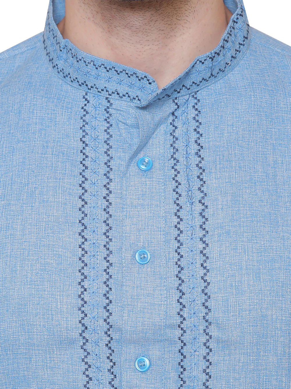 Cotton Embroidered Men's Kurta Pajama Indian Clothing (Sky Blue) - Image 4