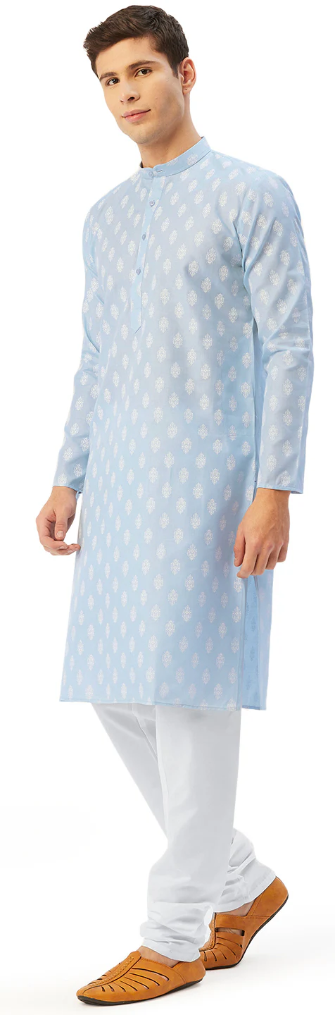 Cotton Kurta Pyjama Indian Traditional Printed Men (Sky Blue) - Image 2