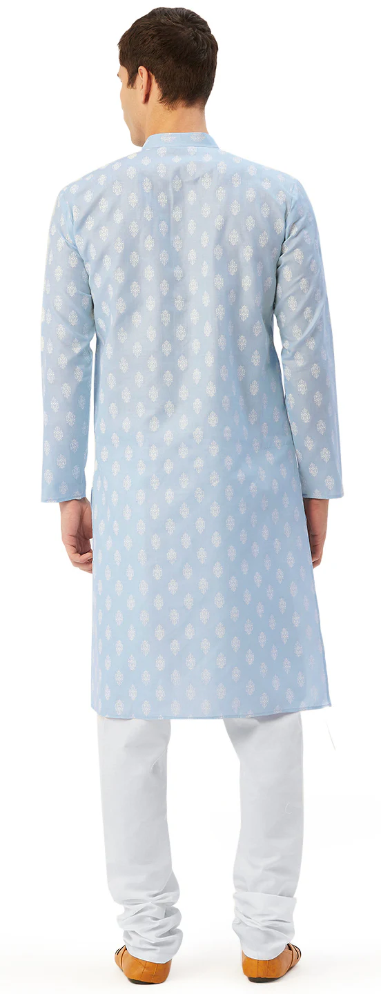 Cotton Kurta Pyjama Indian Traditional Printed Men (Sky Blue) - Image 3
