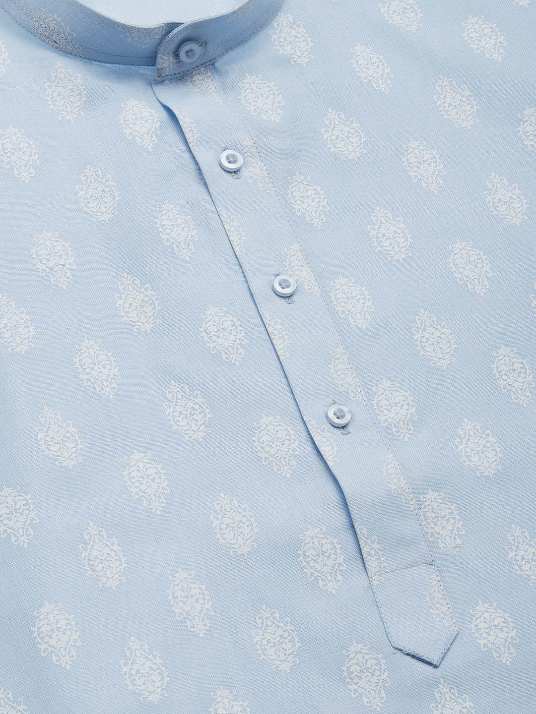 Cotton Kurta Pyjama Indian Traditional Printed Men (Sky Blue) - Image 4