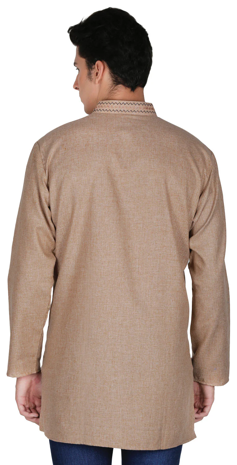 Cotton Mens Embroidered Short Kurta India Fashion Clothes (Brown) - Image 2
