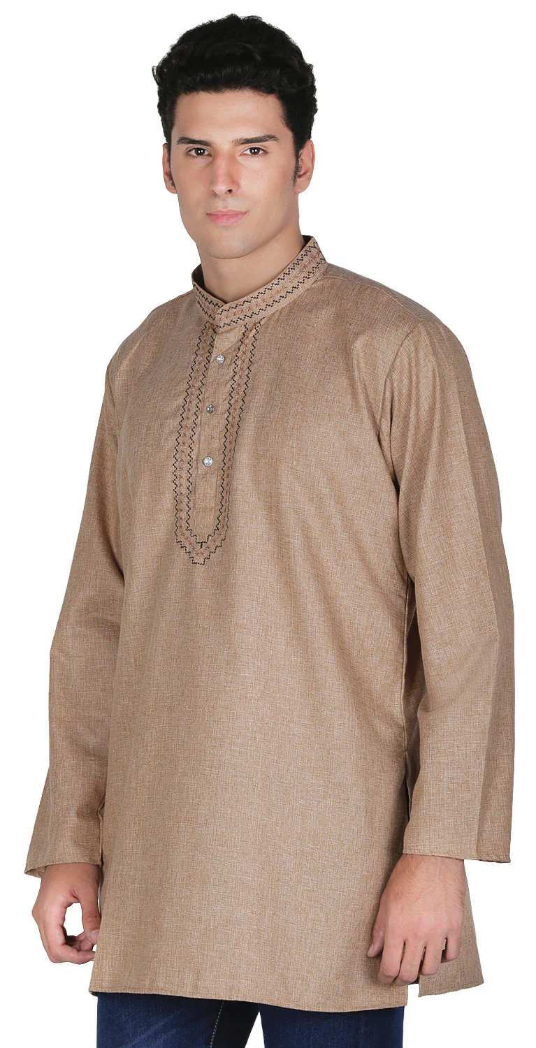 Cotton Mens Embroidered Short Kurta India Fashion Clothes (Brown) - Image 3