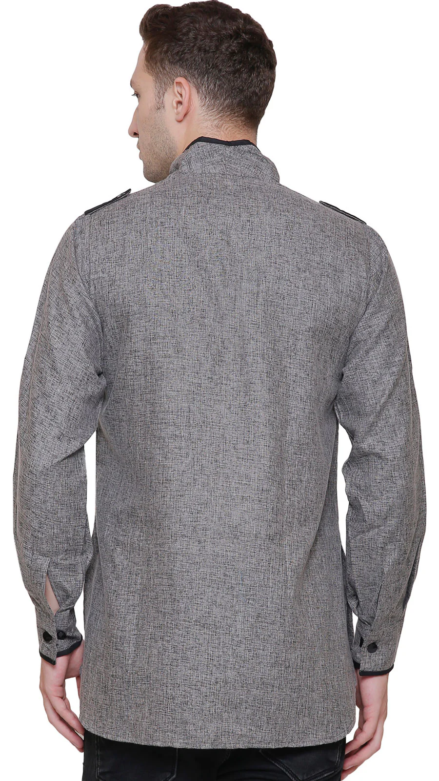 Cotton Mens Short Kurta Shirt Dress India Traditional Clothing (Grey) - Image 3