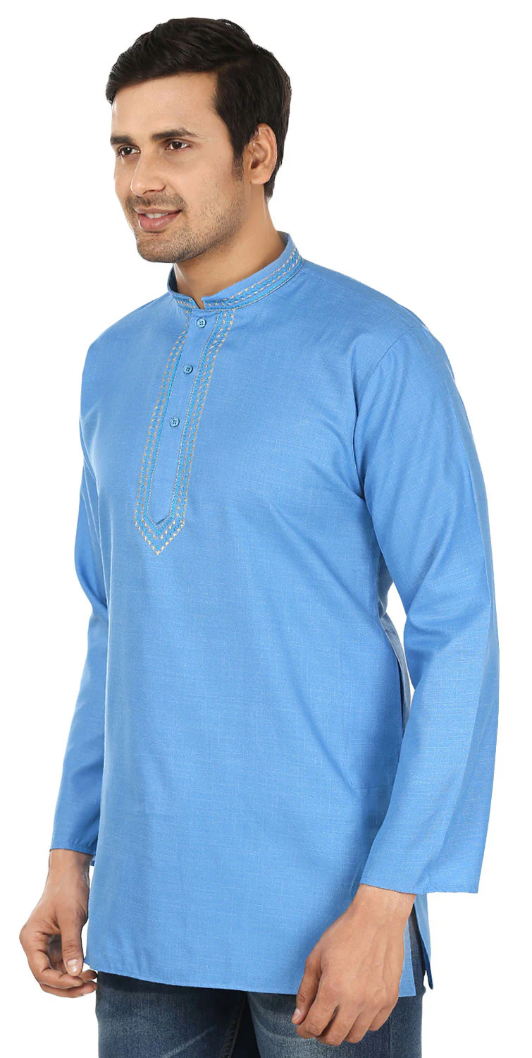 Indian Clothing Embroidered Cotton Short Kurta for Men (Blue) - Image 2