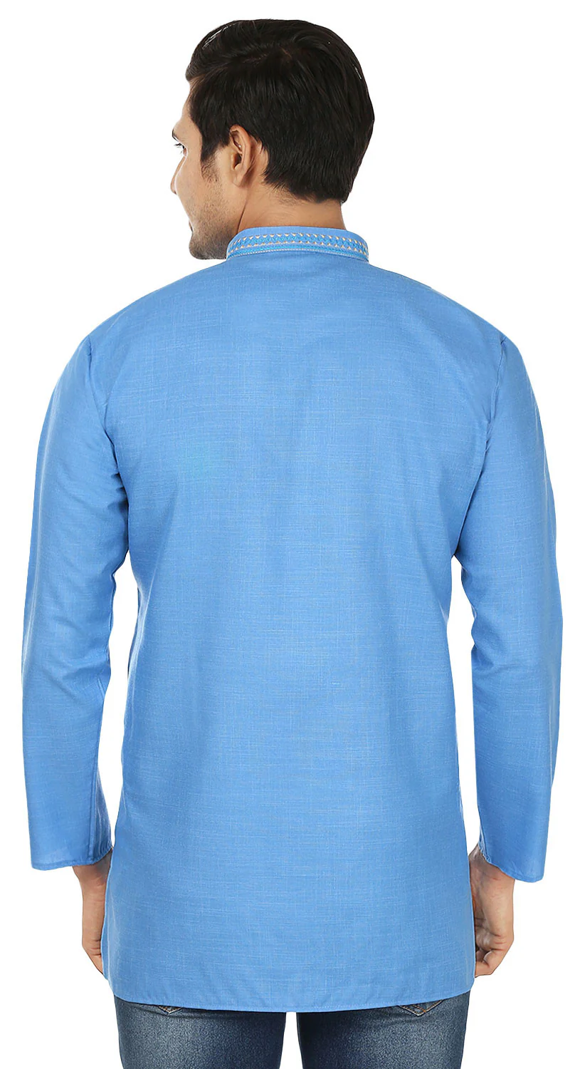Indian Clothing Embroidered Cotton Short Kurta for Men (Blue) - Image 3