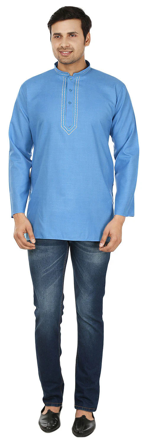 Indian Clothing Embroidered Cotton Short Kurta for Men (Blue) - Image 4