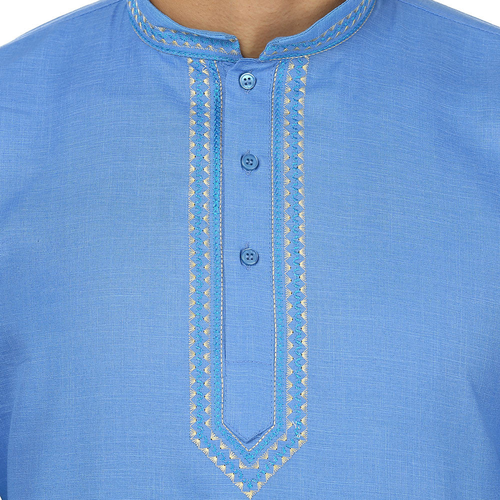 Indian Clothing Embroidered Cotton Short Kurta for Men (Blue) - Image 5