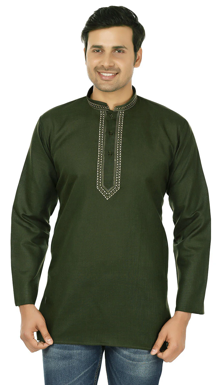 Mens Short Kurta Cotton Dress Shirt India Clothing (Green)