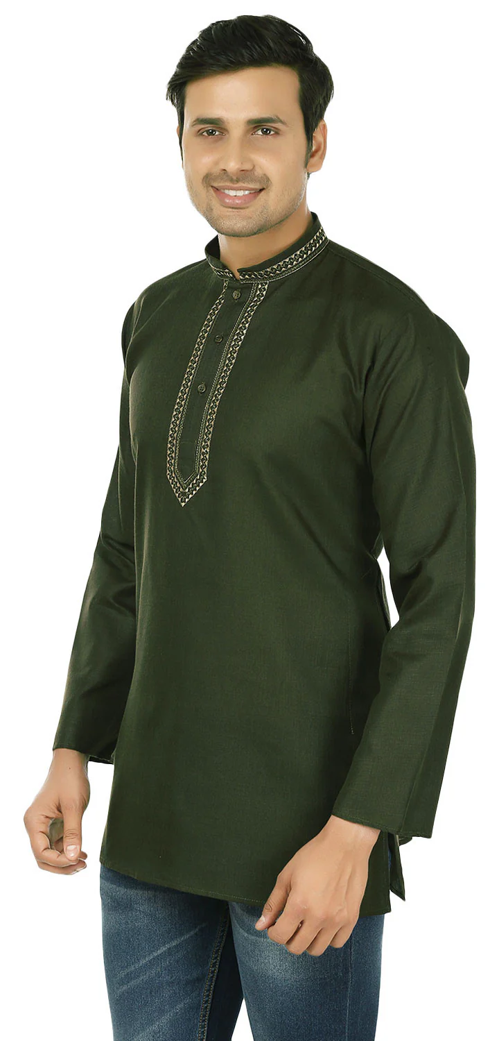 Mens Short Kurta Cotton Dress Shirt India Clothing (Green) - Image 2