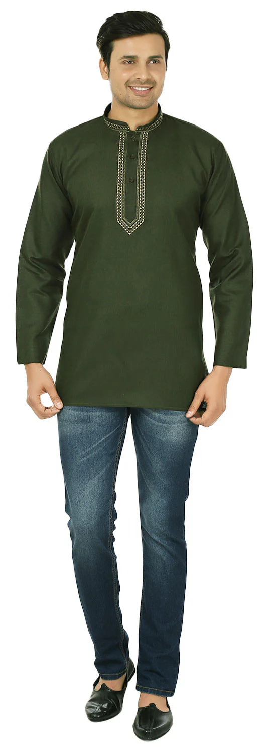 Mens Short Kurta Cotton Dress Shirt India Clothing (Green) - Image 4