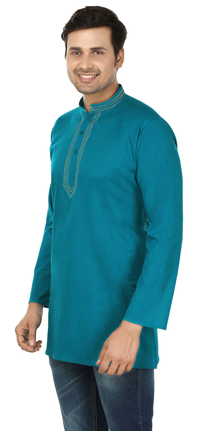 Indian Clothing Embroidered Cotton Short Kurta for Men (Blue) - Image 2