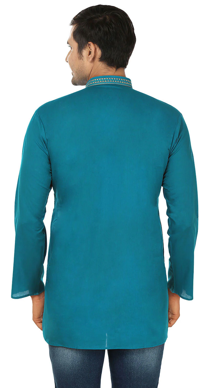 Indian Clothing Embroidered Cotton Short Kurta for Men (Blue) - Image 3