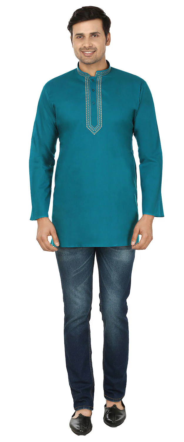 Indian Clothing Embroidered Cotton Short Kurta for Men (Blue) - Image 4