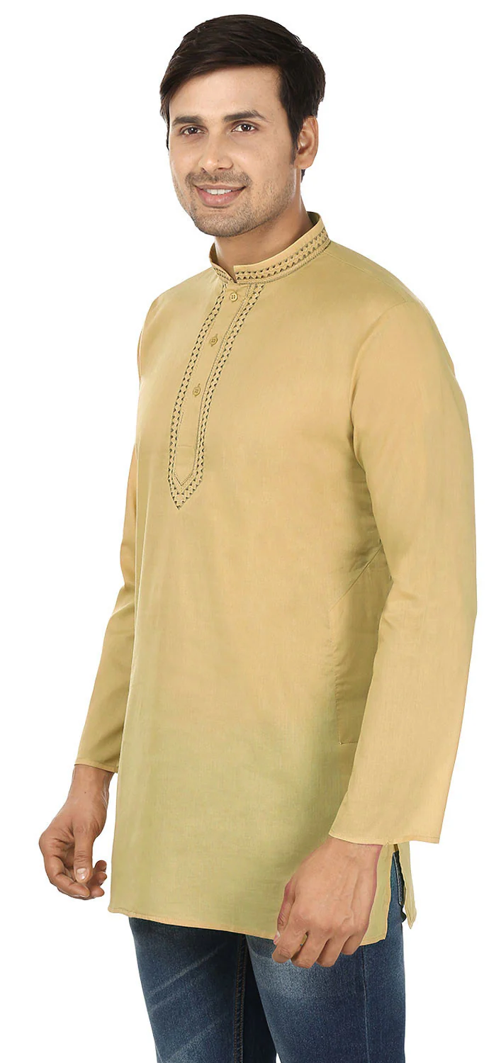 Men's Short Kurta Embroidered Cotton Shirt India Clothing (Buff) - Image 2