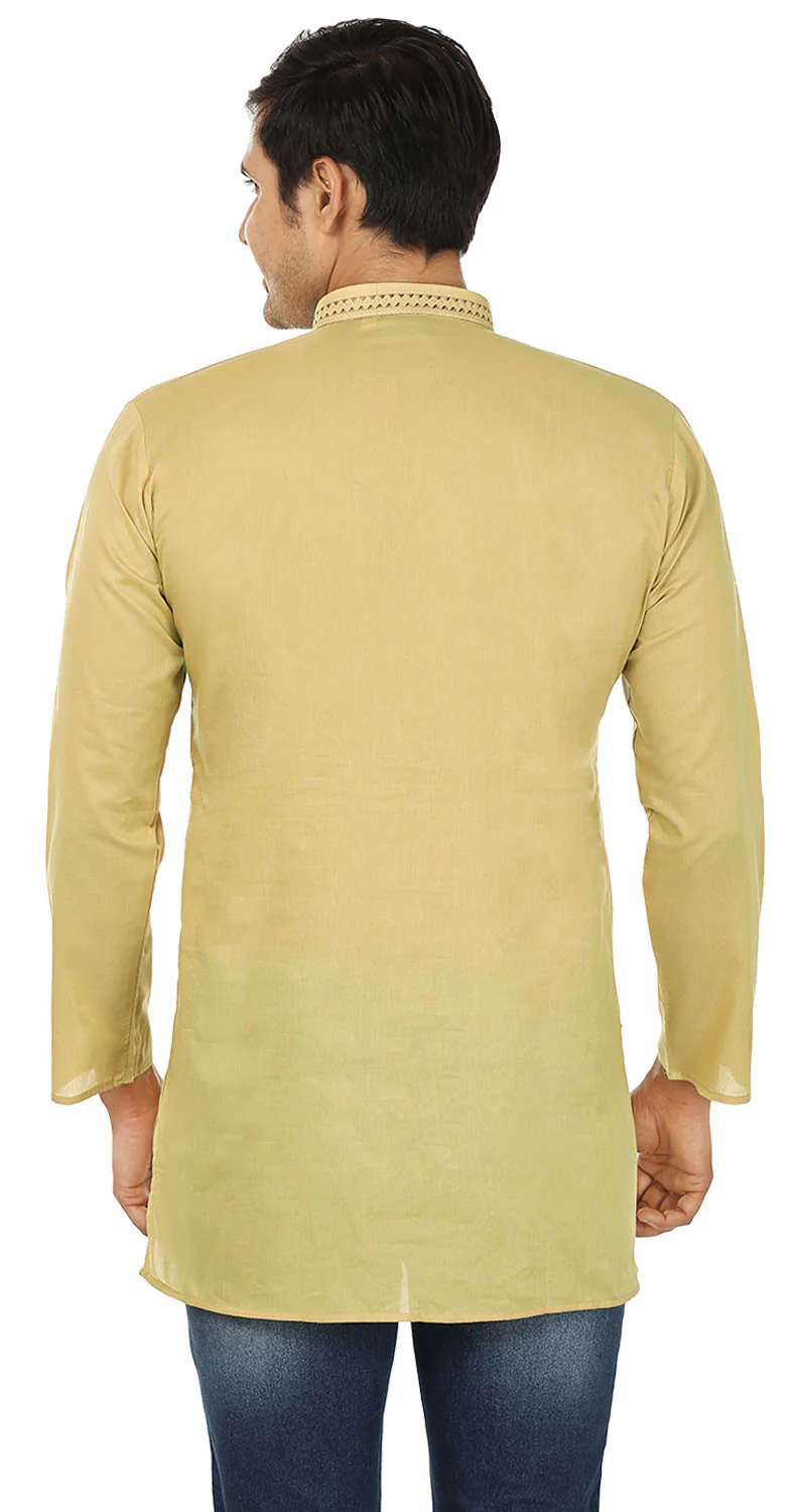 Men's Short Kurta Embroidered Cotton Shirt India Clothing (Buff) - Image 3