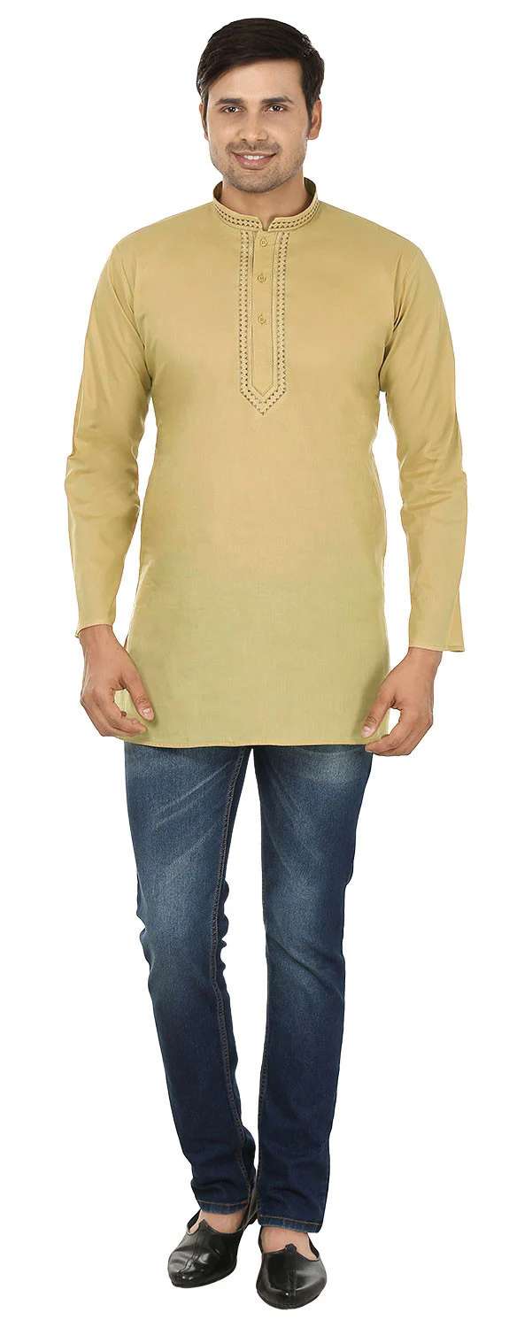 Men's Short Kurta Embroidered Cotton Shirt India Clothing (Buff) - Image 4