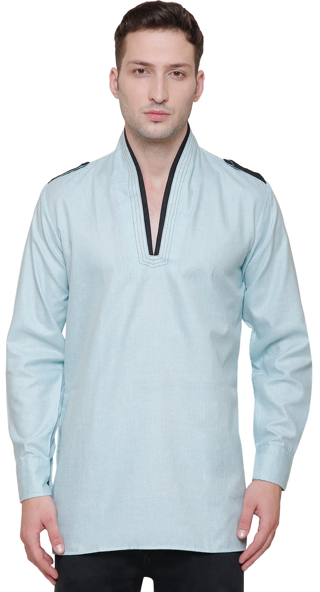 Men's Short Kurta Cotton Shirt India Clothing (Turquoise)