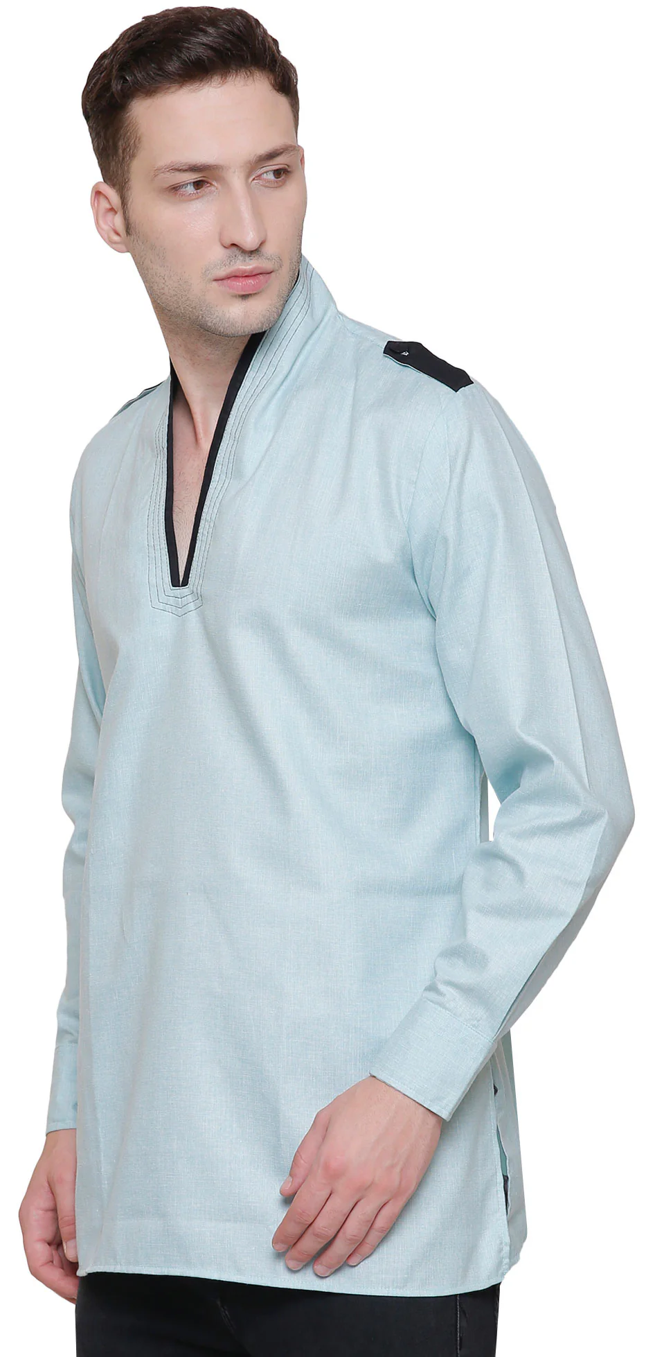 Men's Short Kurta Cotton Shirt India Clothing (Turquoise) - Image 2