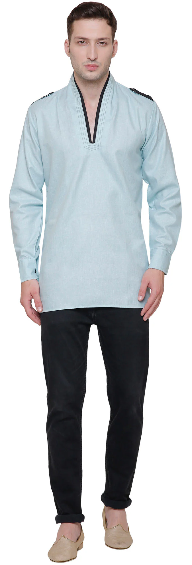 Men's Short Kurta Cotton Shirt India Clothing (Turquoise) - Image 5