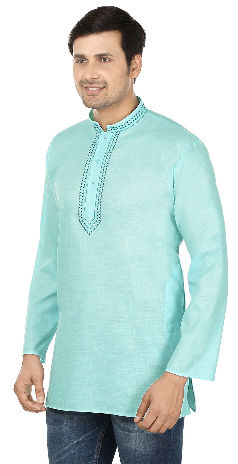 Cotton Dress Mens Short Kurta Shirt India Apparel (Turquoise) - Image 2