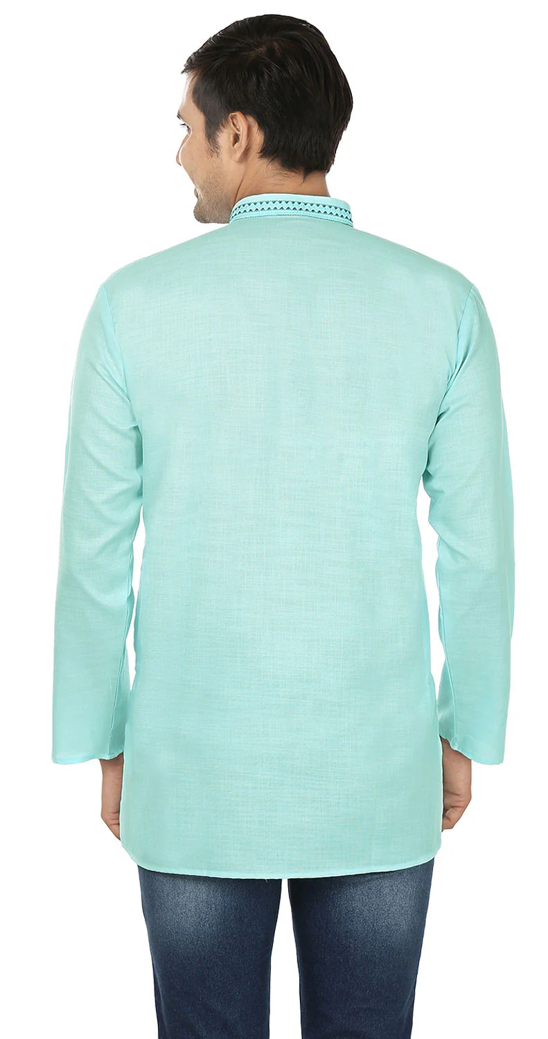 Cotton Dress Mens Short Kurta Shirt India Apparel (Turquoise) - Image 3