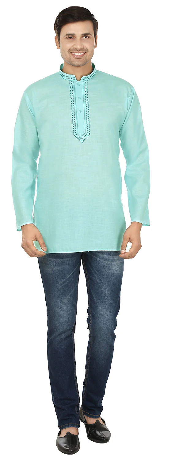 Cotton Dress Mens Short Kurta Shirt India Apparel (Turquoise) - Image 4