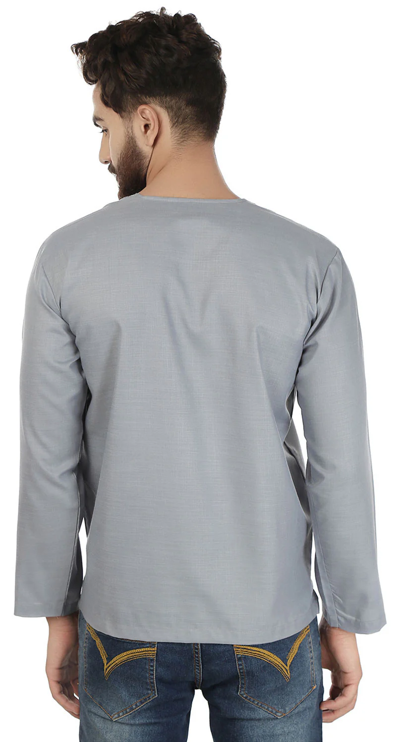 Cotton Dress Mens Short Kurta Shirt India Clothing (Grey) - Image 3
