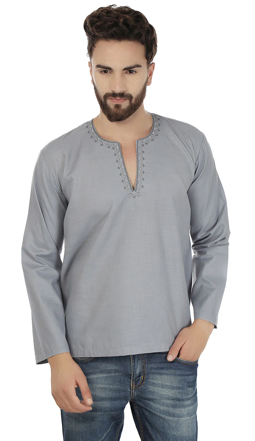 Cotton Dress Mens Short Kurta Shirt India Clothing (Grey) - Image 5