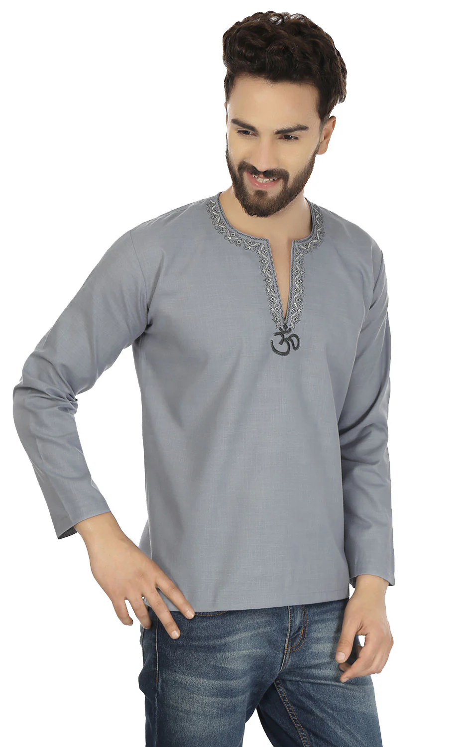 Cotton Dress Mens Short Kurta Shirt India Clothing (Grey) - Image 5