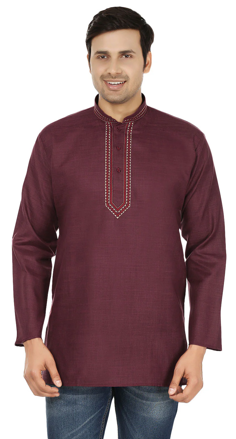 Cotton Dress Mens Short Kurta Shirt India Clothes (Maroon)