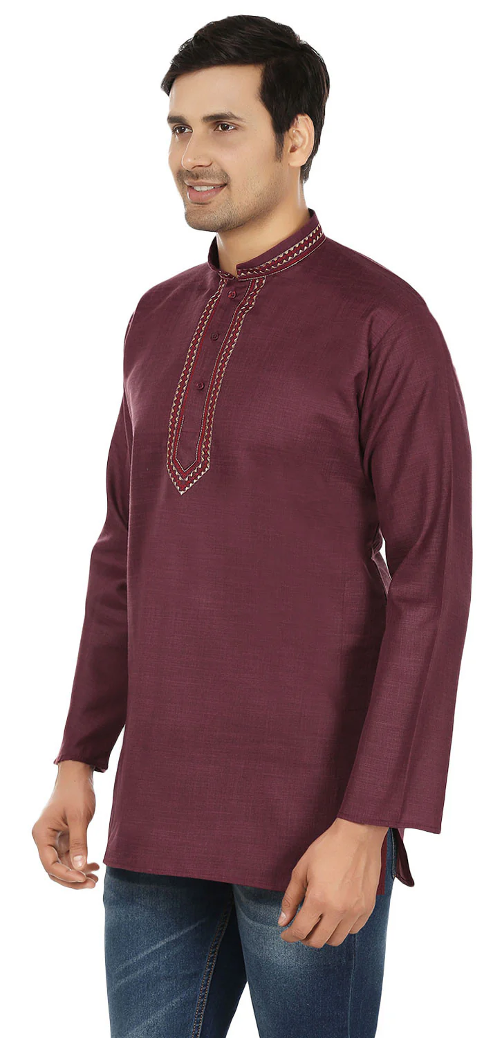 Cotton Dress Mens Short Kurta Shirt India Clothes (Maroon) - Image 2