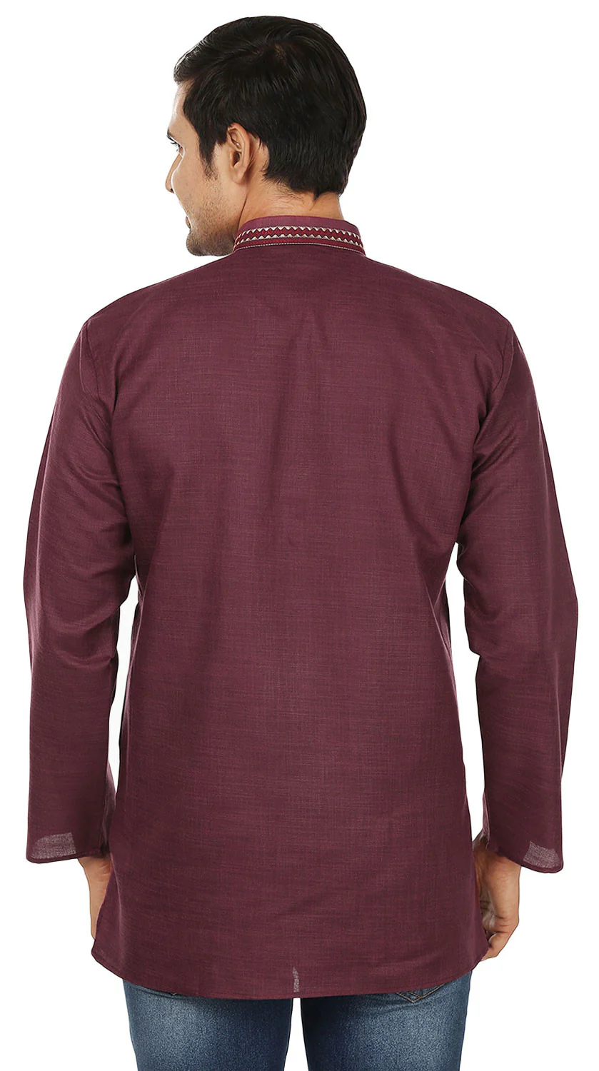 Cotton Dress Mens Short Kurta Shirt India Clothes (Maroon) - Image 3