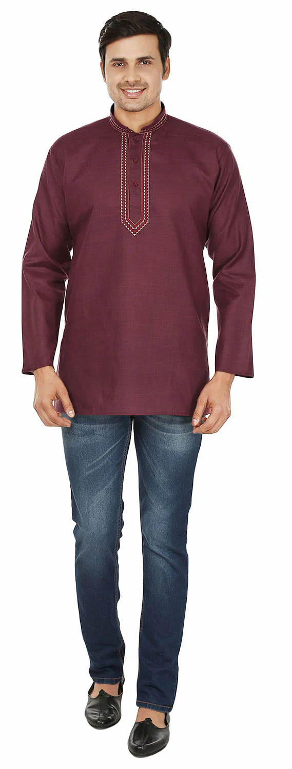 Cotton Dress Mens Short Kurta Shirt India Clothes (Maroon) - Image 4