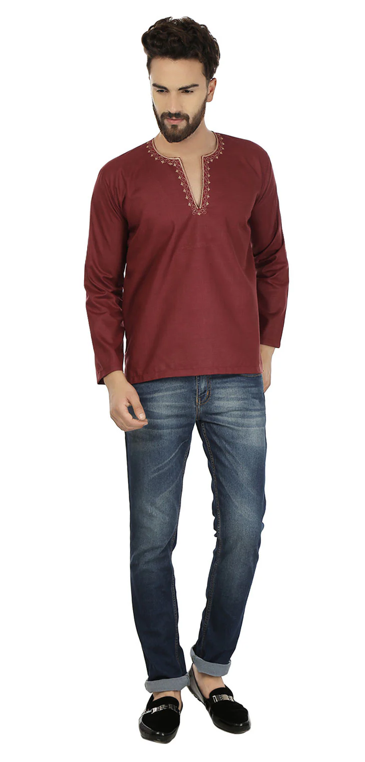 Cotton Dress Mens Short Kurta Shirt India Clothing (Maroon) - Image 2